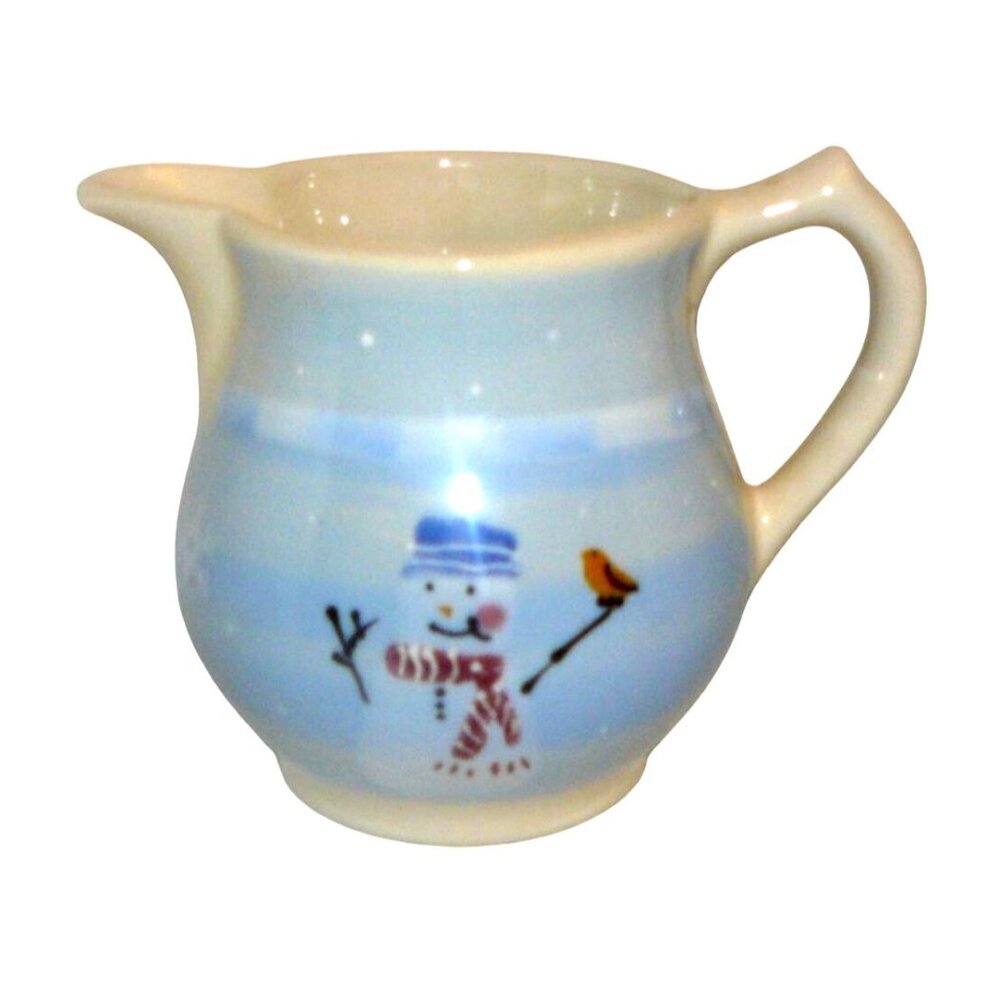 Vintage Ceramic Snowman Pitcher Hand-Painted Winter Scene Cream & Blue 6" Tall